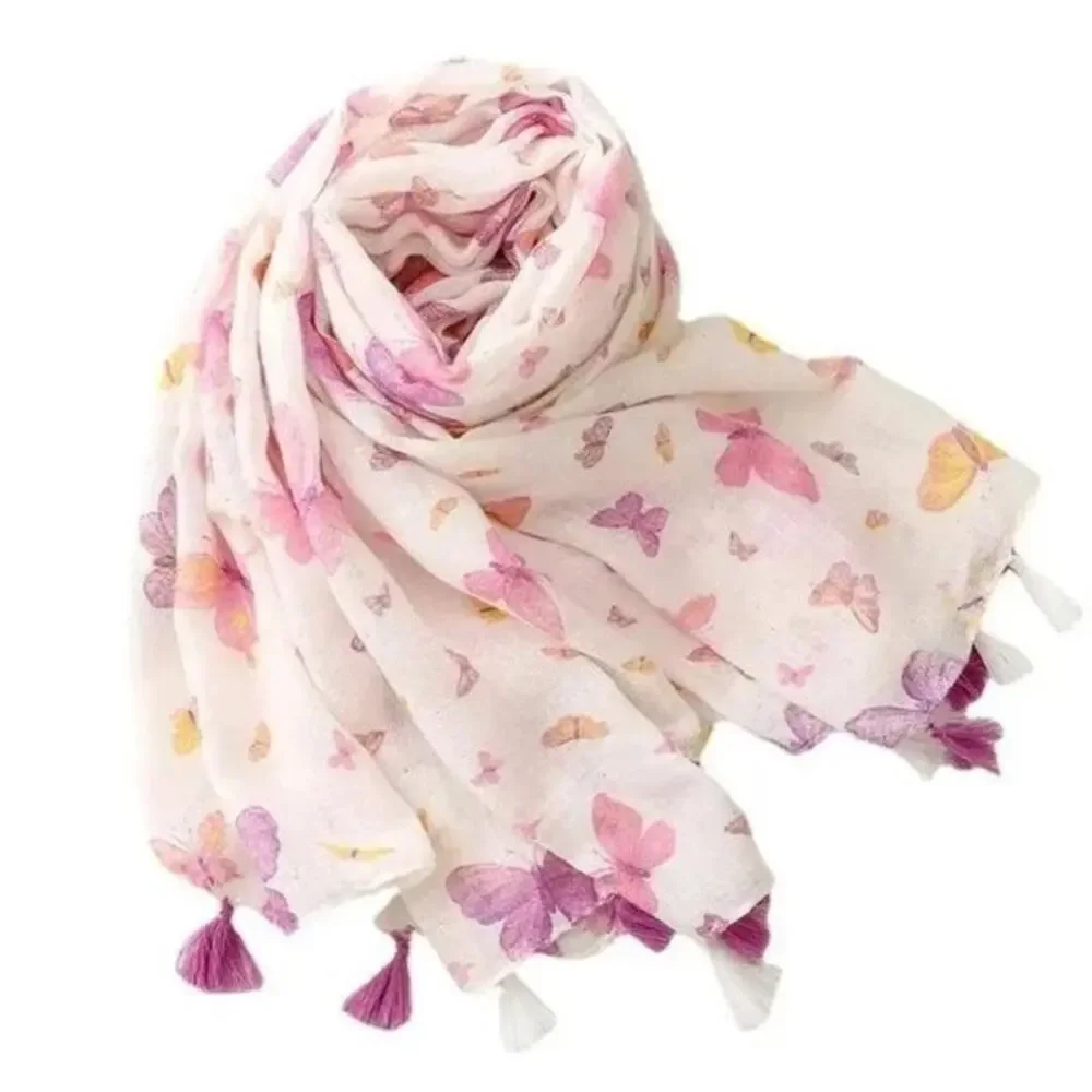 NEW Boho Butterfly Design Tasseled Rectangle Soft Chic Scarf Large Cream Pink